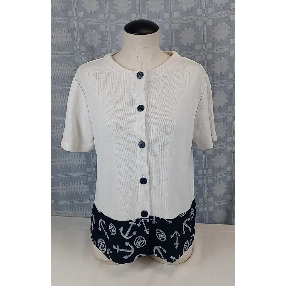 VTG Adolfo Blouse‎ Womens Small Anchor Pattern Button Up Short Sleeve Sweater